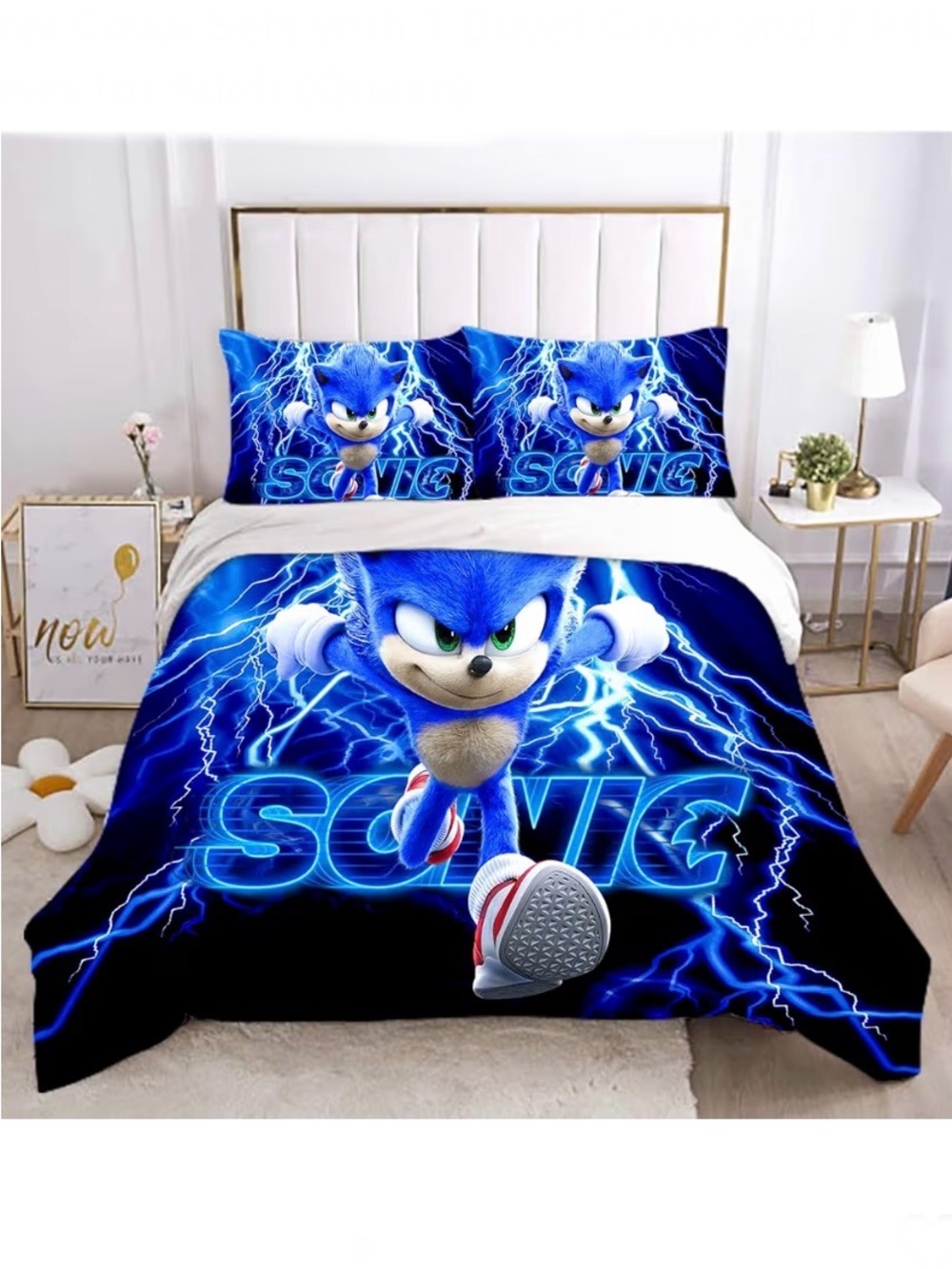Sonic the Hedgehog🦔Lightning⚡️Blue 3-Pc Queen Sz Duvet Bedding🛏️Set